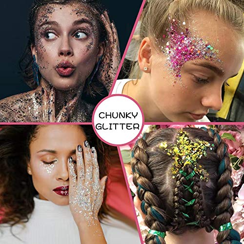 Holographic Chunky Glitter Sequins, 12 Colors Mixed Cosmetic Glitter for Face...