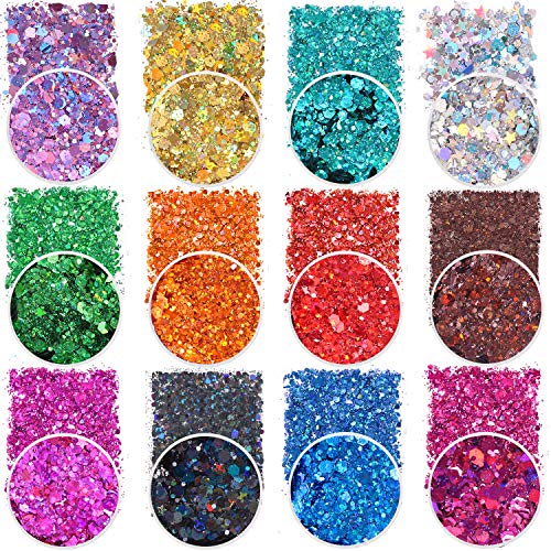 Holographic Chunky Glitter Sequins, 12 Colors Mixed Cosmetic Glitter for Face...