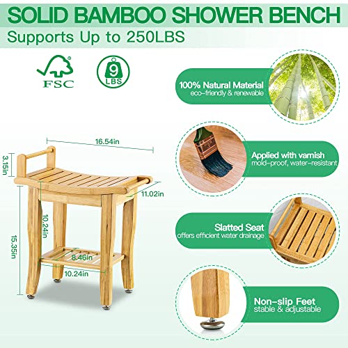 ETECHMART Bamboo Shower Bench with Storage Shelf, 2-Tier Spa Seat Bath Stool ...