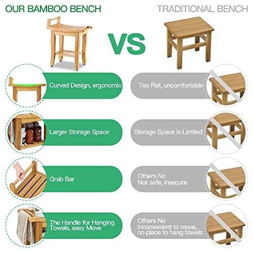 ETECHMART Bamboo Shower Bench with Storage Shelf, 2-Tier Spa Seat Bath Stool ...
