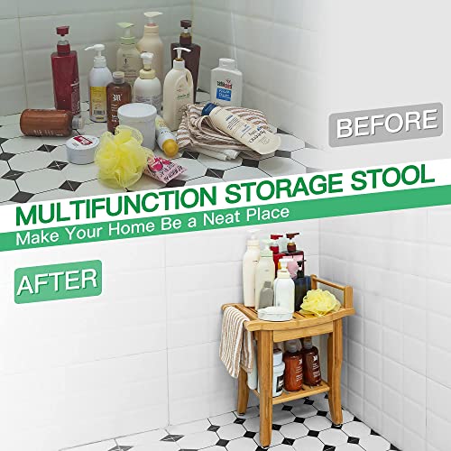 ETECHMART Bamboo Shower Bench with Storage Shelf, 2-Tier Spa Seat Bath Stool ...