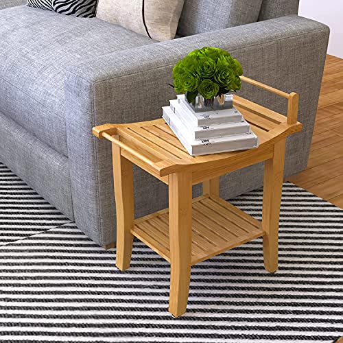 ETECHMART Bamboo Shower Bench with Storage Shelf, 2-Tier Spa Seat Bath Stool ...