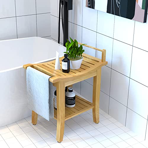 ETECHMART Bamboo Shower Bench with Storage Shelf, 2-Tier Spa Seat Bath Stool ...