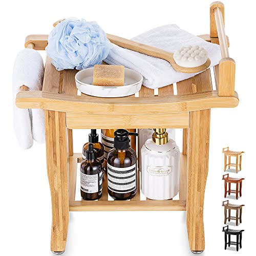 ETECHMART Bamboo Shower Bench with Storage Shelf, 2-Tier Spa Seat Bath Stool ...
