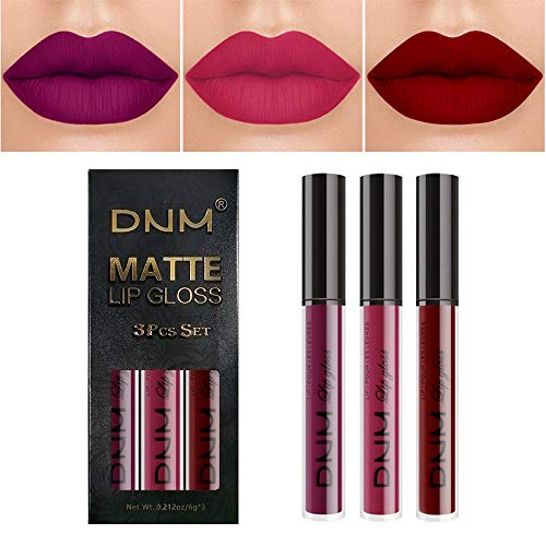 3Pcs Matte 24-hour Liquid Lipstick Sets,DNM Matte Dark Red Purple Lipstick Li...