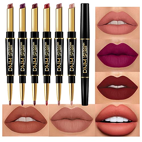 6Pcs Lip Liner and Lipstick Makeup Set,DNM Nude Matte Mat Matt Lipstick 24H a...