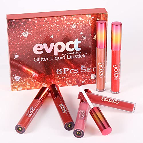 evpct 6Pcs Matte to Glitter Liquid Lipstick Long Lasting Lips Set Kit,6 Color...