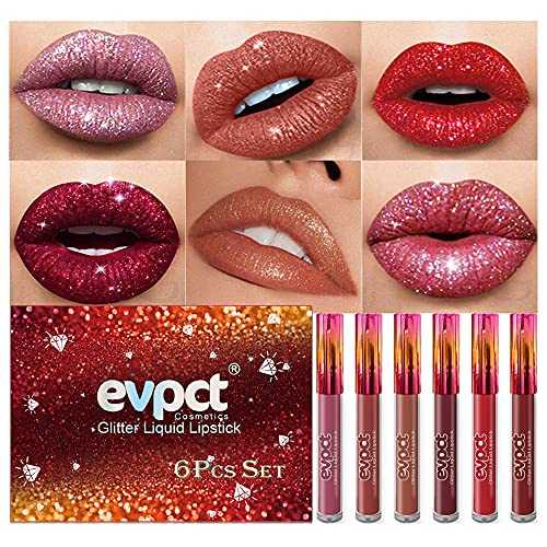 evpct 6Pcs Matte to Glitter Liquid Lipstick Long Lasting Lips Set Kit,6 Color...