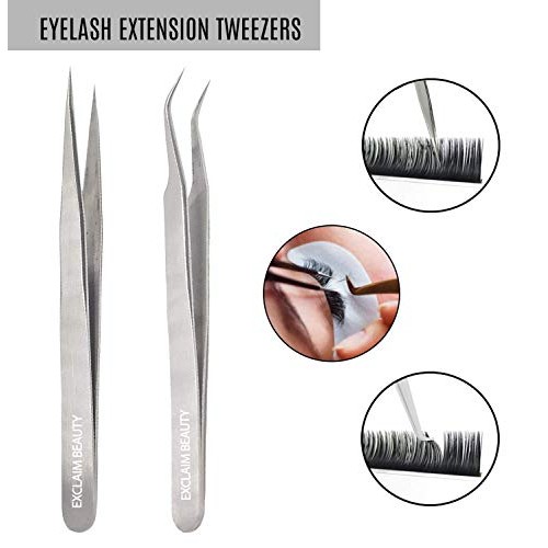 EXCLAIM BEAUTY Eyelash Extension Tweezers Straight and Curved Tip Stainless S...