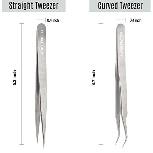 EXCLAIM BEAUTY Eyelash Extension Tweezers Straight and Curved Tip Stainless S...