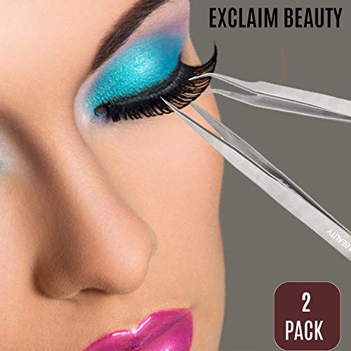 EXCLAIM BEAUTY Eyelash Extension Tweezers Straight and Curved Tip Stainless S...