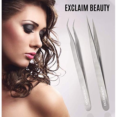 EXCLAIM BEAUTY Eyelash Extension Tweezers Straight and Curved Tip Stainless S...