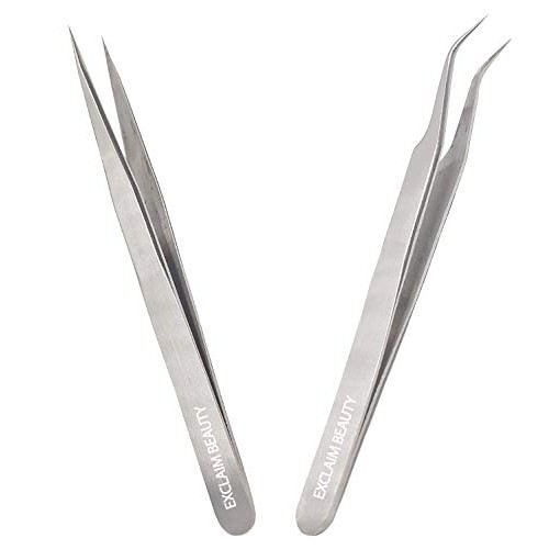 EXCLAIM BEAUTY Eyelash Extension Tweezers Straight and Curved Tip Stainless S...