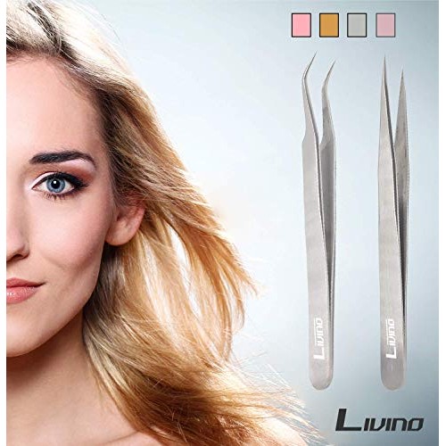LIVINO Eyelash Extension Tweezers Straight - Set of 2 Stainless Steel Extensi...