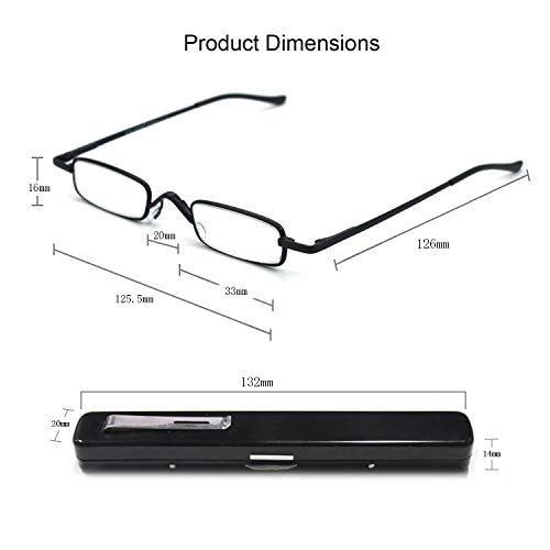 EYE ZOOM 2 Pack Metal Mini Reading Glasses with Spring Hinge Slim Light Case,...