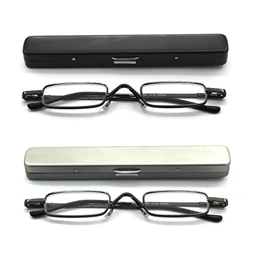EYE ZOOM 2 Pack Metal Mini Reading Glasses with Spring Hinge Slim Light Case,...