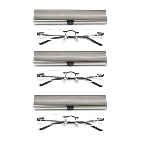 EYE ZOOM 3 Pack Rimless Reading Glasses with Slim Gun and Silver Case for Men...