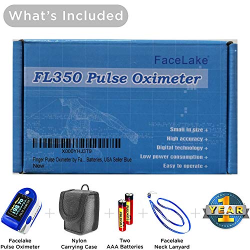 FaceLake FL350 Blue Pulse Oximeter with Carrying Case, Lanyard & Batteries
