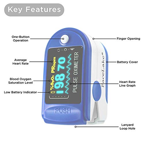 FaceLake FL350 Blue Pulse Oximeter with Carrying Case, Lanyard & Batteries