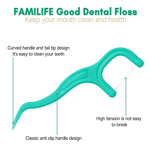 Dental Floss Picks FAMILIFE Dental Flossers Unwaxed, Fresh Cool Mint, Threade...