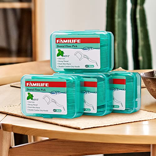Dental Floss Picks FAMILIFE Dental Flossers Unwaxed, Fresh Cool Mint, Threade...