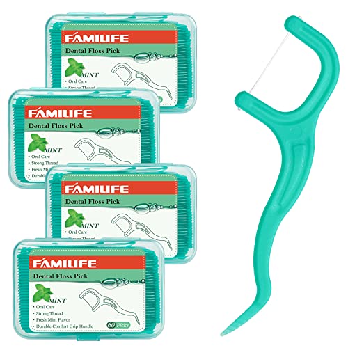 Dental Floss Picks FAMILIFE Dental Flossers Unwaxed, Fresh Cool Mint, Threade...
