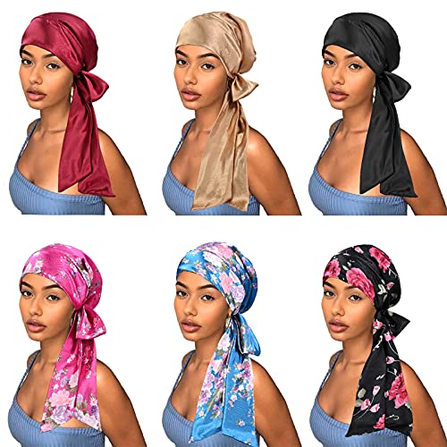 6 Pieces Satin Bonnet Head Scarf Sleeping Cap Headwear Head Wrap Turbans for ...