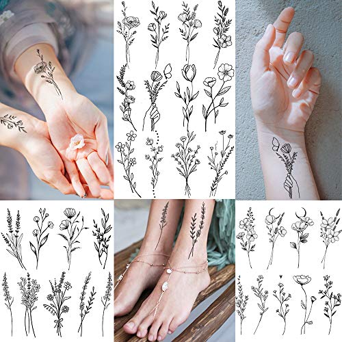 15 Sheets FANRUI Tiny Branch Black Flower Temporary Tattoos For Women Girl Fl...