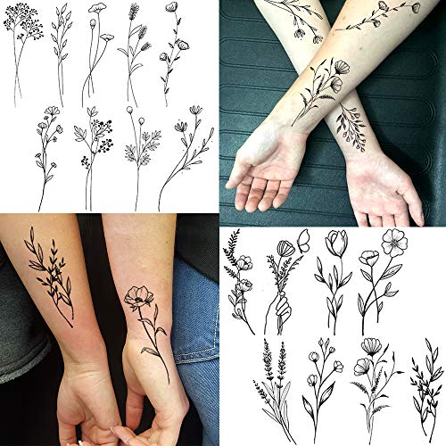 15 Sheets FANRUI Tiny Branch Black Flower Temporary Tattoos For Women Girl Fl...