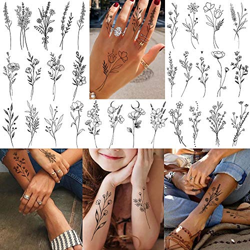 15 Sheets FANRUI Tiny Branch Black Flower Temporary Tattoos For Women Girl Fl...