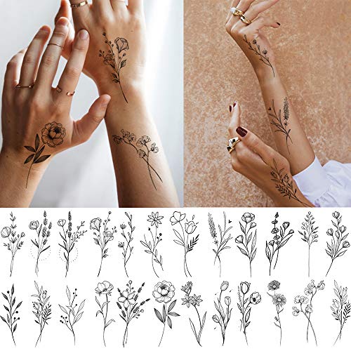 15 Sheets FANRUI Tiny Branch Black Flower Temporary Tattoos For Women Girl Fl...