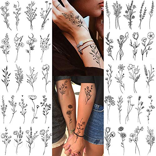 15 Sheets FANRUI Tiny Branch Black Flower Temporary Tattoos For Women Girl Fl...
