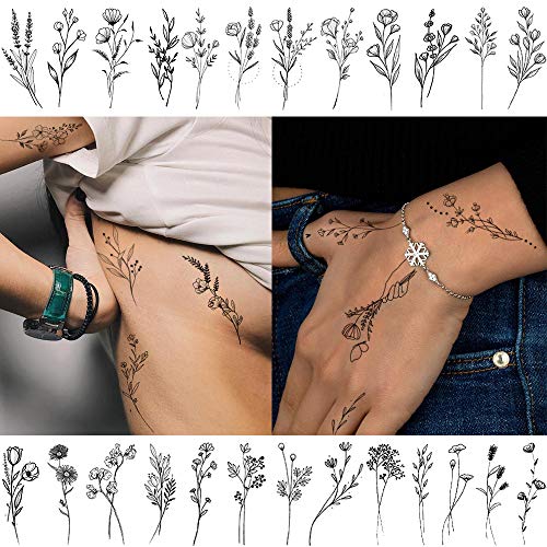 15 Sheets FANRUI Tiny Branch Black Flower Temporary Tattoos For Women Girl Fl...