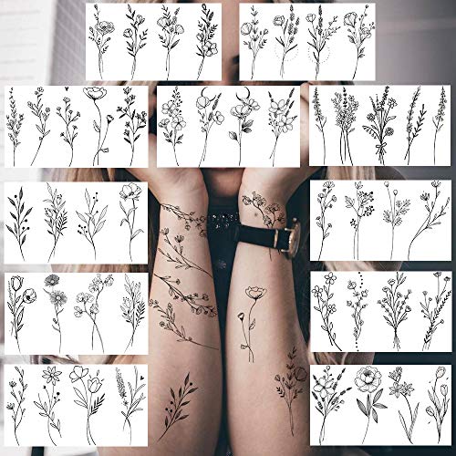 15 Sheets FANRUI Tiny Branch Black Flower Temporary Tattoos For Women Girl Fl...