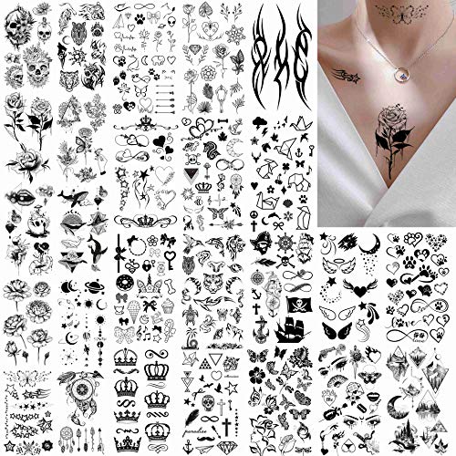 FANRUI 52 Sheets Creative Black Tiny Crown Infinity Triangle Fake Tattoos For...