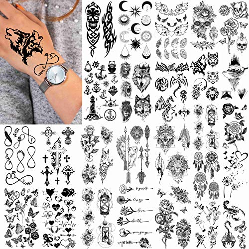 FANRUI 52 Sheets Creative Black Tiny Crown Infinity Triangle Fake Tattoos For...