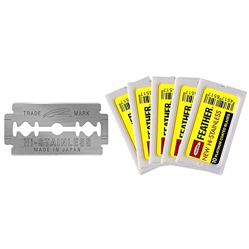 Feather Double Edge Safety Razor Blades - (50 Count) - Platinum Coated Hi-Sta...