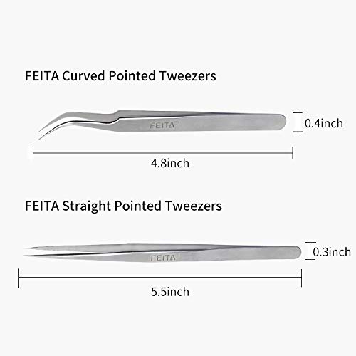 Best Eyelash Extension Tweezer Set - FEITA Pro Straight & Curved Pointy Preci...
