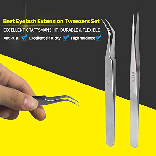 Best Eyelash Extension Tweezer Set - FEITA Pro Straight & Curved Pointy Preci...