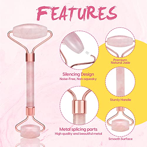 Jade Roller Gua Sha Set, Face Massager 100% Natural Rose Quartz Face Roller 2...