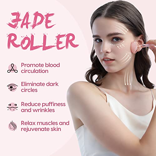 Jade Roller Gua Sha Set, Face Massager 100% Natural Rose Quartz Face Roller 2...
