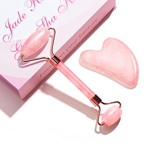Jade Roller Gua Sha Set, Face Massager 100% Natural Rose Quartz Face Roller 2...