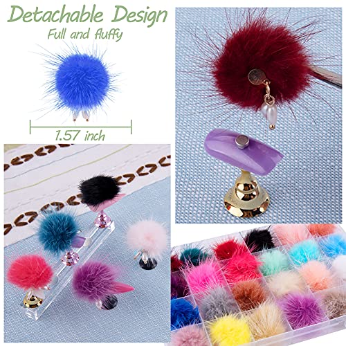 FEQO 48 Pieces Nail Pom Fluffy Balls Nail Art Pom with Pearls 3D Detachable P...