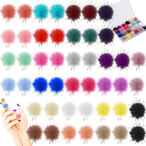 FEQO 48 Pieces Nail Pom Fluffy Balls Nail Art Pom with Pearls 3D Detachable P...