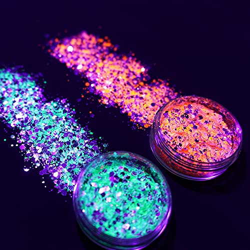 UV Black Light Holographic Chunky Cosmetic Glitter - 2 Individual 30ml Jars -...