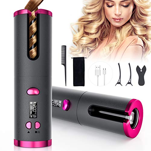 Fezax Cordless Auto Hair Curler, Automatic Curling Iron with LCD Display Adju...