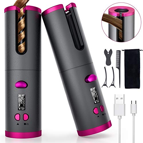 Fezax Cordless Auto Hair Curler, Automatic Curling Iron with LCD Display Adju...
