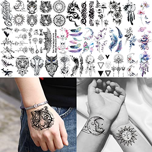 FIFYAN 73 Sheets Small Flowers Letters Temporary Tattoos For Women Men, 3D Mo...