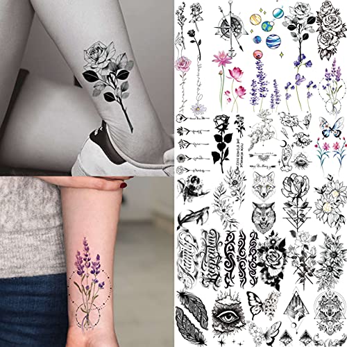FIFYAN 73 Sheets Small Flowers Letters Temporary Tattoos For Women Men, 3D Mo...