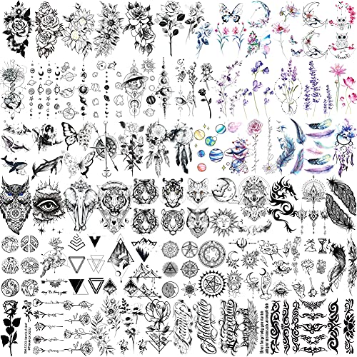 FIFYAN 73 Sheets Small Flowers Letters Temporary Tattoos For Women Men, 3D Mo...